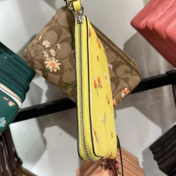 Coach Corner Zip Wristlet With Mystical Floral Print Silver/Yellow Multi